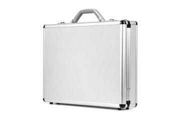 Metal case on white background. Metallic rivets of a road case. Photo of a isolated road case or flight case with reinforced metal corners and wheels. 