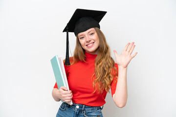 Young university graduate woman isolated on white background counting five with fingers