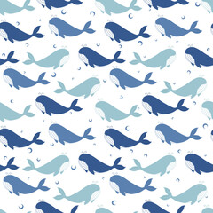 Seamless vector pattern with hand drawn whales and bubbles