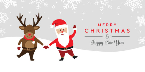 Fototapeta na wymiar christmas greeting card with cute deer and santa claus on snowy background