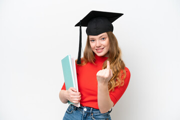 Young university graduate woman isolated on white background doing coming gesture