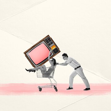 Contemporary Art Collage. Young Couple Going Shopping. Man Carrying Woman On Trolley With Big Retro TV. Sales.