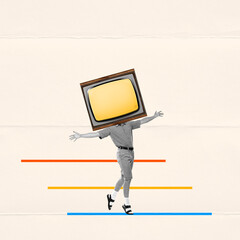 Contemporary art collage. Man in retro clothes walking with giant retro TV set instead head....