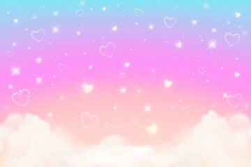 Rainbow unicorn background with clouds hearts and stars. Pastel color sky. Magical pink landscape, abstract fabulous panorama. Cute candy wallpaper. Vector.