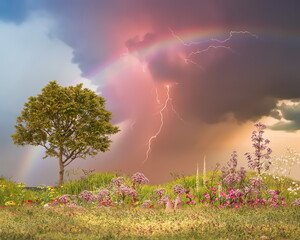 rainbow on sunset lightning sky  on green field with wild flowers and trees nature landscape

