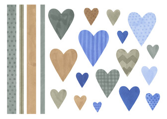 A set of hearts drawn by hand in a gray-blue palette. Marker Art