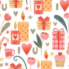 Valentine's Day. Seamless pattern of doodles for Valentine's Day. Background of gifts, hearts, cakes, candles. Hand-drawn. Atr Marker