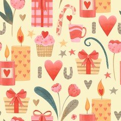 Valentine's Day. Seamless pattern of doodles for Valentine's Day. Background of gifts, hearts, cakes, candles. Hand-drawn. Marker Art	