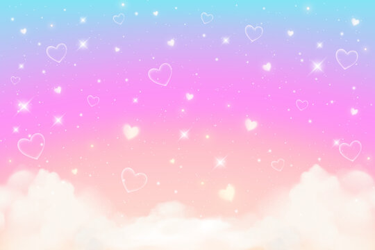 Rainbow unicorn background with clouds hearts and stars. Pastel color sky. Magical pink landscape, abstract fabulous panorama. Cute candy wallpaper. Vector.