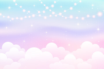 Cloudy sky with lights garland. Cute pastel background. Magic fluffy backdrop for banner, invitation and template. Cartoon vector scene