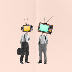 Contemporary art collage. Business people, employees with retro TV set heads talking, discussing...