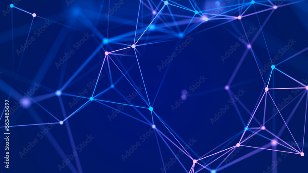 Poster big data visualization. network connection structure with chaotic distribution of points and lines. 