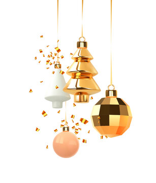 Christmas golden ornament. Xmas christmas balls, abstract cone and confetti
