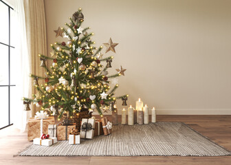 Light modern living room Christmas interior in Scandinavian style. Beautiful Christmas tree with gift boxes and lighting. Beige empty wall mockup. 3d rendering high quality illustration. © Inna