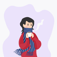 A girl in a scarf and a sweater with a cup in her hands. Vector illustration. For brochures, posters, covers and books, packaging and advertising, banners and social networks.