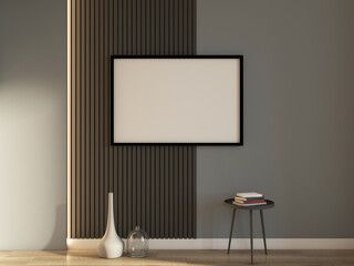 Horizontal poster Frame Mockup hanging on wall in room, 3d rendering