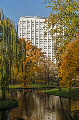 Rotterdam, The Netherlands, November 29, 2022: view from The Park in autumn colors towards on of the white towers of the Erasmus MC hosptital
