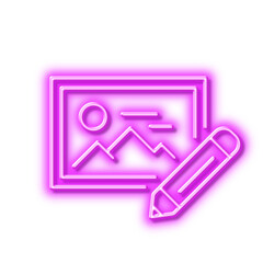 Photo edit line icon. Image thumbnail with pencil sign. Neon light effect outline icon.