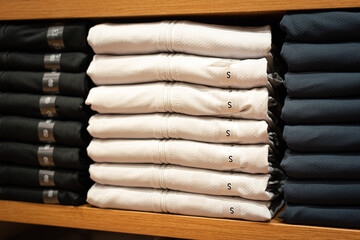White cotton coats or sweaters which are folded on the shelf in clothing store. Fashion cloth object photo, close-up and selective focus.