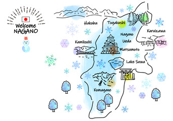 冬の長野県の観光地のシンプル線画イラストマップ