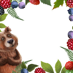 Fototapeta premium Woodland frame with forest creatures. Cute cartoon bear with juicy colorful berries, raspberries, blueberries, strawberries and greens fern leaves. Botanical border template on transparent background