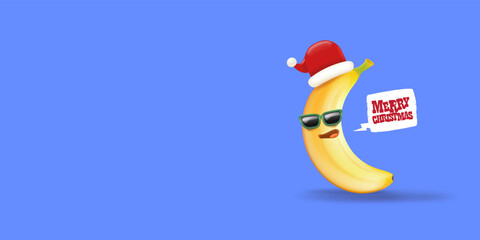 Merry Christmas horizontal greeting banner with funny cartoon banana character wearing santa red hat isolated on blue background. Funny and cute Christmas card with smiling Banana monster