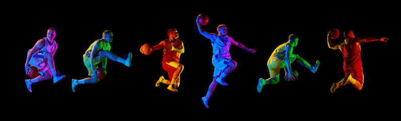 Collage. Young active man in uniform playing basketball isolated over black background in neon...