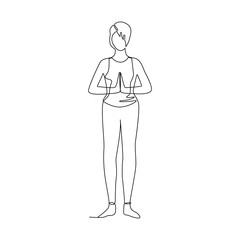 Single line drawing of a girl standing in a yoga pose. Doodle illustration of relaxing workout.