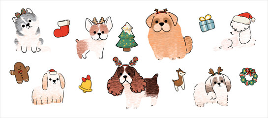 Cute dogs for Christmas day. Cartoon dog or puppy characters design collection with flat color in different poses. Set of funny pet animals isolated on white background.
