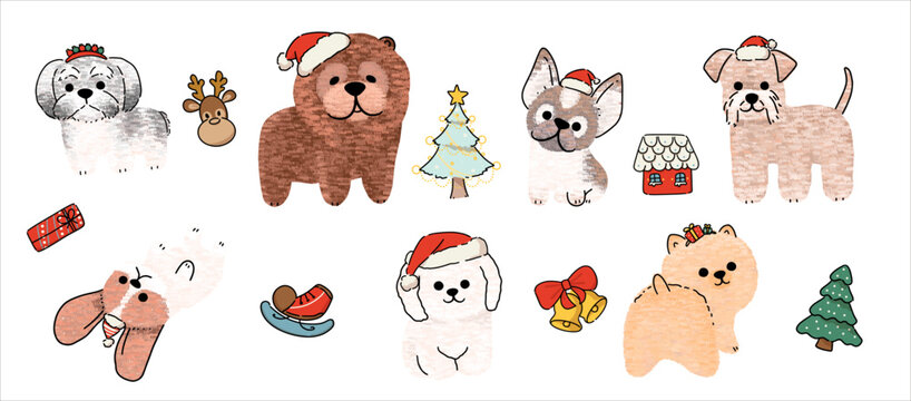 Cute dogs for Christmas day. Cartoon dog or puppy characters design collection with flat color in different poses. Set of funny pet animals isolated on white background.