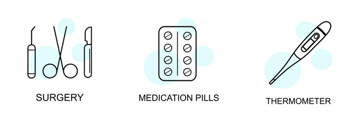 Set of medical icons in linear style. Medical icons Surgery, Medication pills, Thermometer. vector 