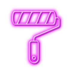 Paint roller line icon. Wall roll brush sign. Neon light effect outline icon.