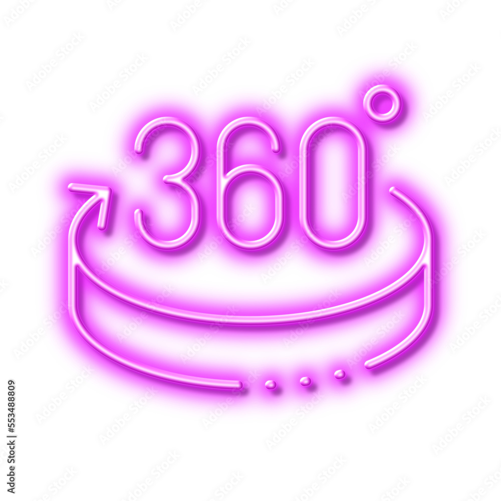 Poster 360 degrees line icon. vr simulation sign. panoramic view. neon light effect outline icon.