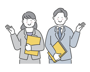 ファイルを持って笑顔で案内をする女性男性会社員