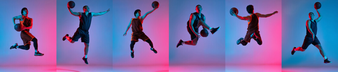 Fototapeta na wymiar Collage. Full-length portraits of young boys, basketball players training, playing team game over gradient blue pink background in neon light