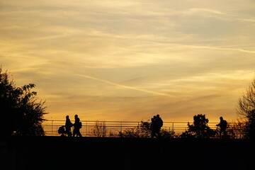 Naklejka premium Silhouette of a couple with baby stroller walking against the backdrop of sunset