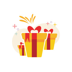 Vector illustration of three special gift boxes yellow, red ribbon decorated with some glitter ornaments and fireworks isolated on white background
