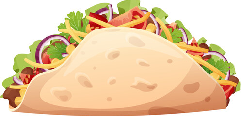 Tasty Mexican is on an isolated background.Traditional Mexican food Tortilla with filling. Corn cake with meat with tomatoes, cheese, salad, pepper, onion, guacamole sauce.