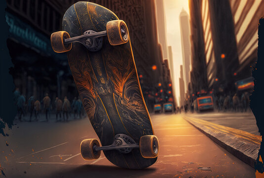 image of a skateboard up close in a city. Generative AI