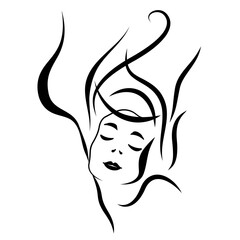 Abstract head of young woman with long hair. Linear vector illustration by hand on white background. Calligraphic drawing. Design element for beauty and hair salons. Tattoo design.