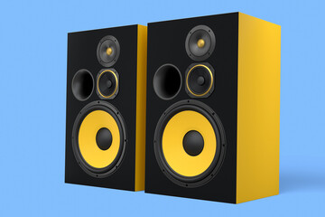 Hi-fi speakers with loudspeakers for sound recording studio on blue background.