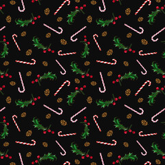 Fototapeta na wymiar Seamless pattern with holly, sugar cane and cones. Red berries, leaves, christmas background