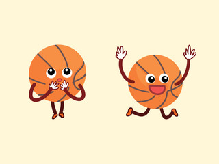 Basketball mascot sport ball character vector illustration set isolated on plain light yellow background. Comic style cartoon simple flat art styled artwork.