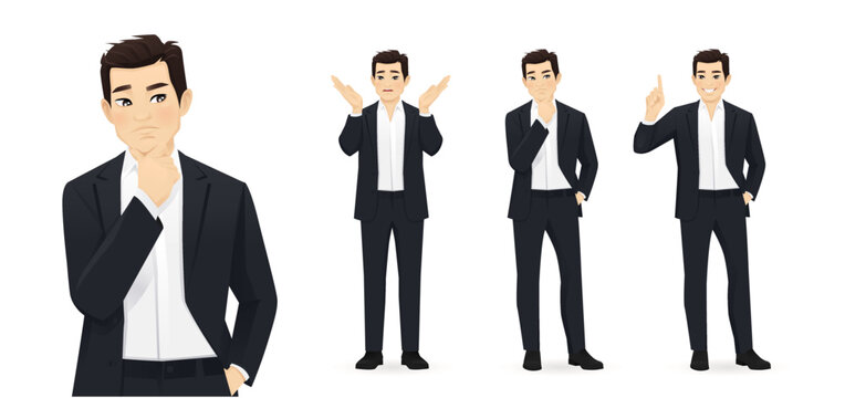 Asian business young man in black suit thinking looking away and making idea pointing up isolated on white background vector illustration