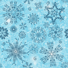 Vector  blue seamless christmas pattern with snowflakes and curls