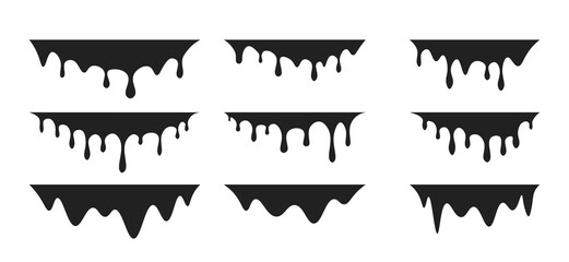 Paint dripping set. Dripping ink. Black liquid drops. Melting paint. Vector EPS 10