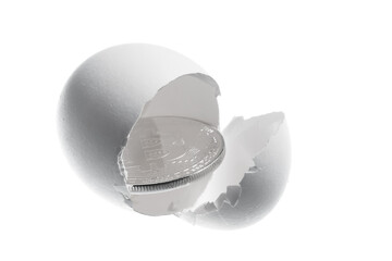 Bitcoin gold coin in egg shell isolated on white background