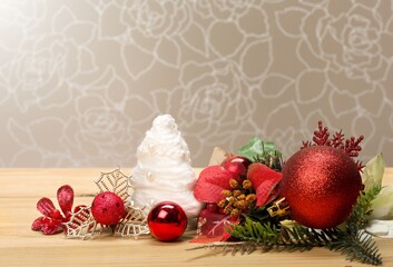 Fototapeta na wymiar Christmas beautiful holliday decorations on desk