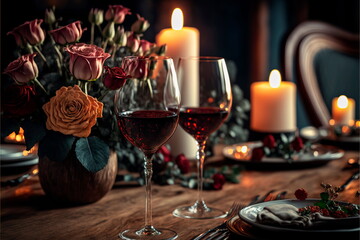 Obraz na płótnie Canvas Lovers Celebrating Anniversary Or Valentine's Day Romantic Dinner.Two glasses of red wine and candles on the wooden desk.