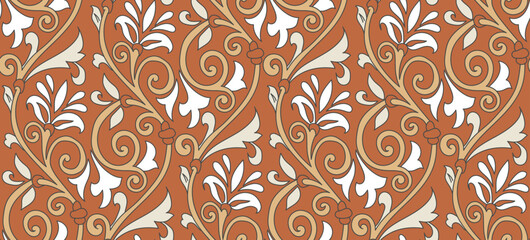 Abstract Oriental Baroque Florals Branches Vintage Motif Leaves Seamless Elegant Pattern Trendy Fashion Colors Damask Style Concept Ornamental Swirls